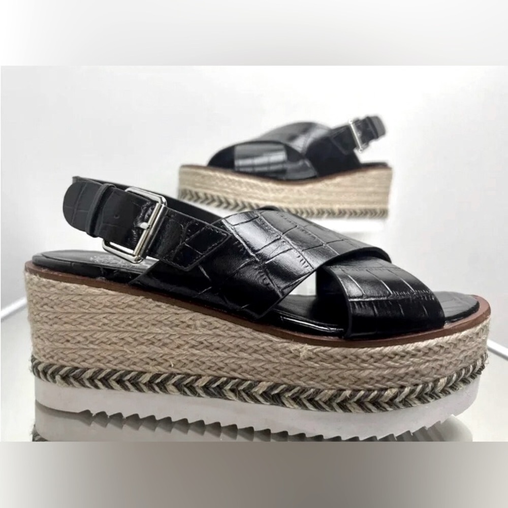 LNVince Camuto Platform Marietten Leather Croc Embossed Espadrille Cross Sandals - Picture 6 of 9